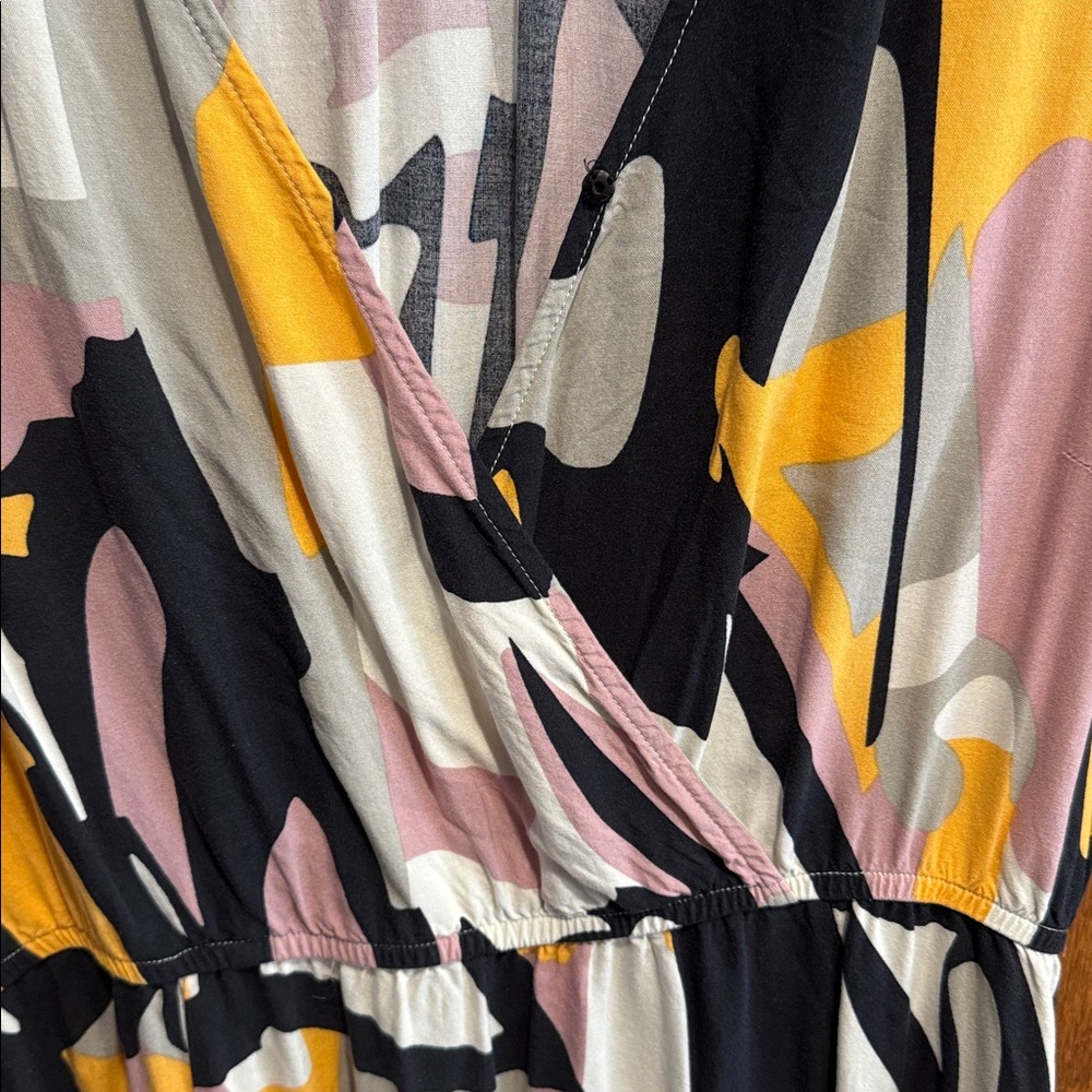 Abstract Print Pink, Mustard & Black Wrap-Front Women's Dress - Picture 5 of 7
